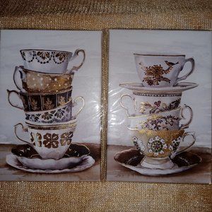 Wall Art Set of 2 Unframed CANVASES STACKED TRA CUPS ON SAUCER in BROWN & GOLD
